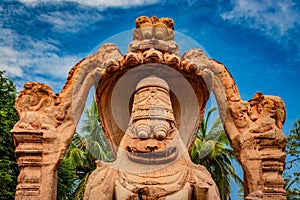 Narasimha lakshmi temple hampi antique stone art close up shot from unique angle with amazing sky