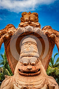 Narasimha lakshmi temple hampi antique stone art close up shot from unique angle with amazing sky