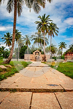 Narasimha lakshmi temple hampi antique stone art from unique angle with amazing sky