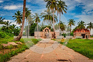 Narasimha lakshmi temple hampi antique stone art from unique angle with amazing sky