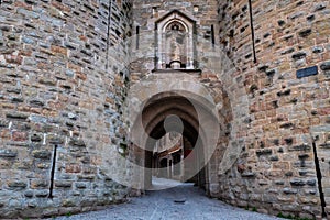 Narbonnaise towers and door, fortified city of Carcassonne, Aude, Occitanie region, France