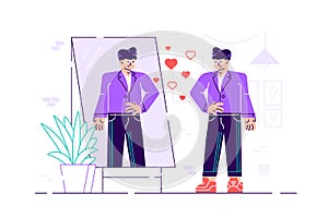 Narcissistic man character looks at mirror.