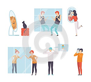 Narcissistic Man and Woman Character Looking in Mirror and Admiring of Themselves Vector Set