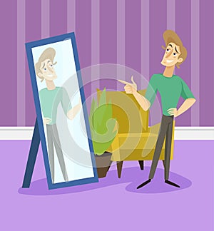 Narcissistic modern prince, funny young man character looking at mirror in living room, room interrior vector