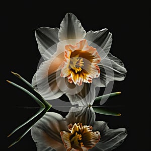 Narcissus daffodil isolated on black background close-up. Beautiful unusual transparent flower. Original flower background,