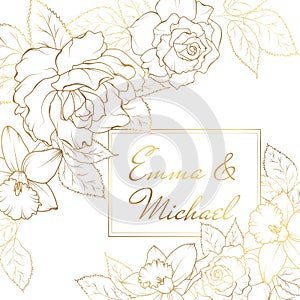 Narcissus daffodil rose flowers corner frame decoration. Wedding marriage event invitation card template.