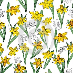 Narcissus daffodils seamless spring floral pattern. Bright yellow flowers foliage garland on white background. Hand