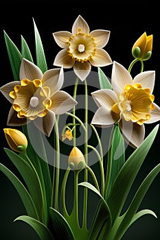 Narcissus flowers on a black background. Vector illustration.