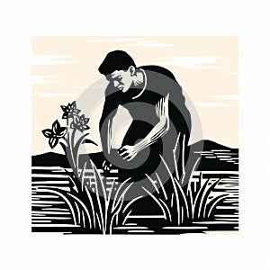 Narcissus Linocut Print: Traditional Poses In Romantic Riverscapes photo