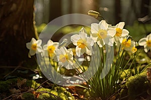 Narcissus in the sun Spring flowers in the forest