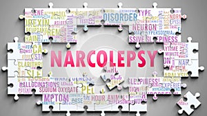 Narcolepsy as a complex subject, related to important topics spreading around as a word cloud photo