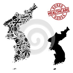 Narcotic Collage Map of Korea and Grunge Healthcare Stamp