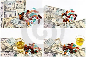 Narcotics pills drugs medicine cash alcohol booze photo