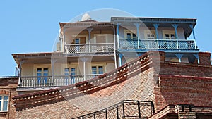 Narikala, Jumah Mosque, Sulphur Baths and famous colorful balconies in old historic district Abanotubani, Tbilisi, Georgia photo