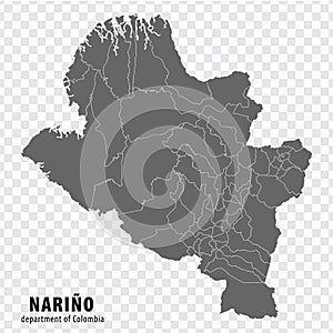 Narino Department of Colombia map on transparent background. Blank map of Narino with regions