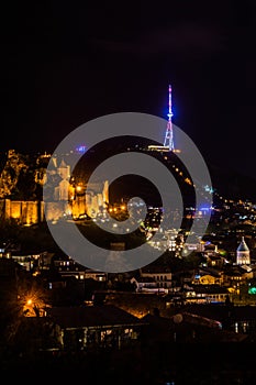 Nariqala and tiflis tv tower at night photo
