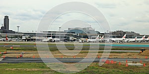 Narita International Airport view, many Airplane parking at passenger gate.