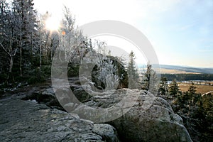 Naroznik, peak with lookout in the Table Mountains  Gory Stolowe , National Park, popular tourist attraction, Poland.