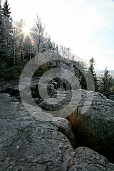 Naroznik, peak with lookout in the Table Mountains  Gory Stolowe , National Park, popular tourist attraction, Poland.