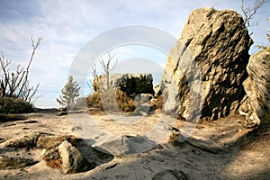 Naroznik, peak with lookout in the Table Mountains  Gory Stolowe , National Park, popular tourist attraction, Poland.