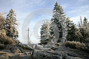 Naroznik, peak with lookout in the Table Mountains  Gory Stolowe , National Park, popular tourist attraction, Poland.