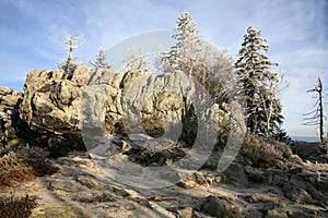 Naroznik, peak with lookout in the Table Mountains  Gory Stolowe , National Park, popular tourist attraction, Poland.