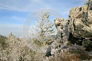 Naroznik, peak with lookout in the Table Mountains  Gory Stolowe , National Park, popular tourist attraction, Poland.