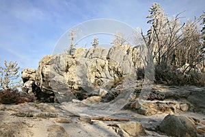 Naroznik, peak with lookout in the Table Mountains  Gory Stolowe , National Park, popular tourist attraction, Poland.