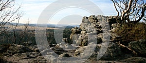 Naroznik, peak with lookout in the Table Mountains  Gory Stolowe , National Park, popular tourist attraction, Poland.