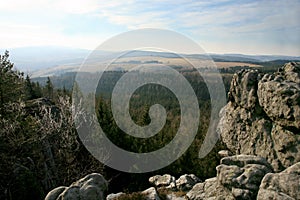 Naroznik, peak with lookout in the Table Mountains  Gory Stolowe , National Park, popular tourist attraction, Poland.