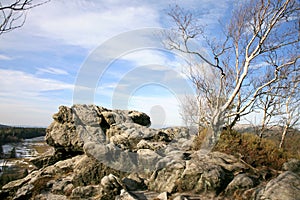 Naroznik, peak with lookout in the Table Mountains  Gory Stolowe , National Park, popular tourist attraction, Poland.