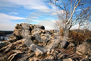 Naroznik, peak with lookout in the Table Mountains  Gory Stolowe , National Park, popular tourist attraction, Poland.