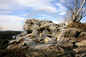 Naroznik, peak with lookout in the Table Mountains  Gory Stolowe , National Park, popular tourist attraction, Poland.