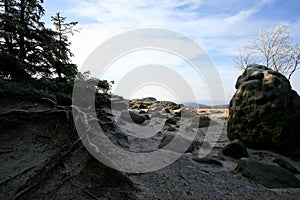 Naroznik, peak with lookout in the Table Mountains  Gory Stolowe , National Park, popular tourist attraction, Poland.