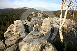 Naroznik, peak with lookout in the Table Mountains  Gory Stolowe , National Park, popular tourist attraction, Poland.