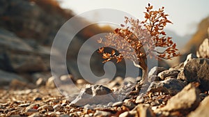 Narrative-driven Visual Storytelling: A Cinematic Render Of A Small Tree Amidst Rocks And Sand