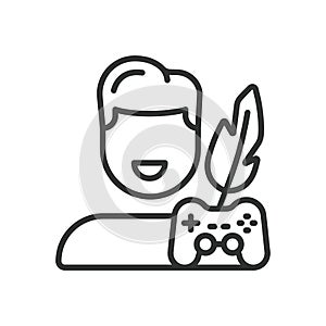 Narrative game designer, icon in line design. Narrative game designer, storytelling, game script, dialogue, game world on white photo