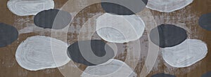 Narrow abstract acrylic painting with gray and white circles. Grunge background, banner