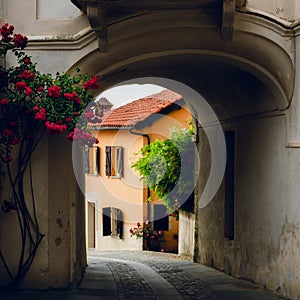 Narrow alley in Bossolasco, village of the roses Piedmont, Italy