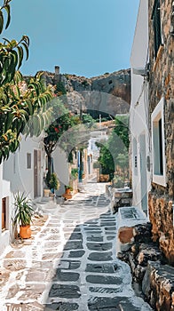 Narrow alley in Greek village between ancient buildings with plant covered walls