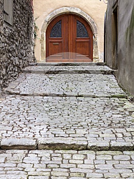 Narrow alley in the medieval town of Schwaebisch Hall in Germany