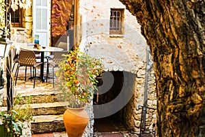 Narrow alley and old stone houses in Eze village in France