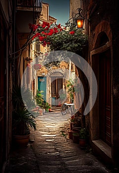 Narrow Alley Potted Plants Bicycle Beautiful Matte Painting Roses Cyprus Captivating Enticing Dicky Anthropology Wonder Imagery