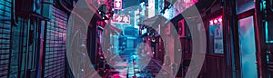 A narrow alleyway bathed in the glow of neon signs and lights, capturing the atmospheric essence of a bustling Asian city at night