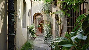 A narrow alleyway leading to a hidden entrance of a townhouse with a small wooden door and a stone arch overhead