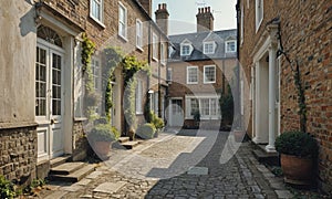 A narrow alleyway with a row of buildings on either side.