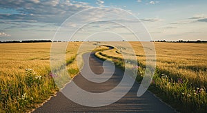 A narrow asphalt road winds through a vast field of golden wheat (Triticum aestivum) photo