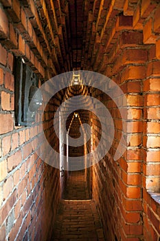 Narrow brick corridors inside the Stockholm`s City Hall Tower, Sweden.