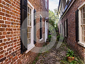 Narrow brick path between two red, historic brick houses in Savannah, Georgia
