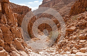 Narrow canyon of a dry wadi in Judaean Desert, Israel.